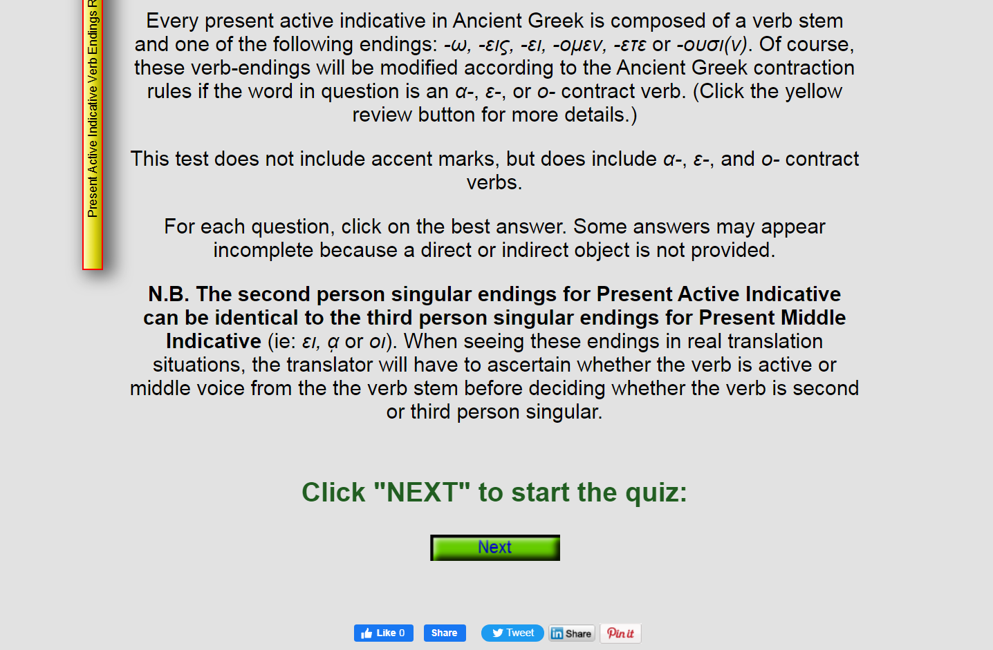 Green NEXT button displayed on desktop for Ancient Greek verb quiz